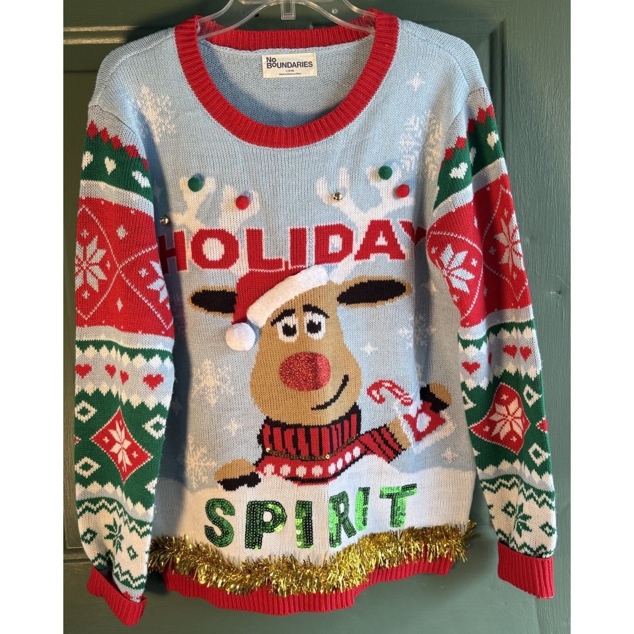 Christmas Sweater No Boundaries, Womens “Holiday Spirit" Size: Large 12-14